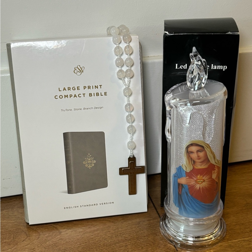 3 piece set with Bible, White Agate Rosary and LED Candle
